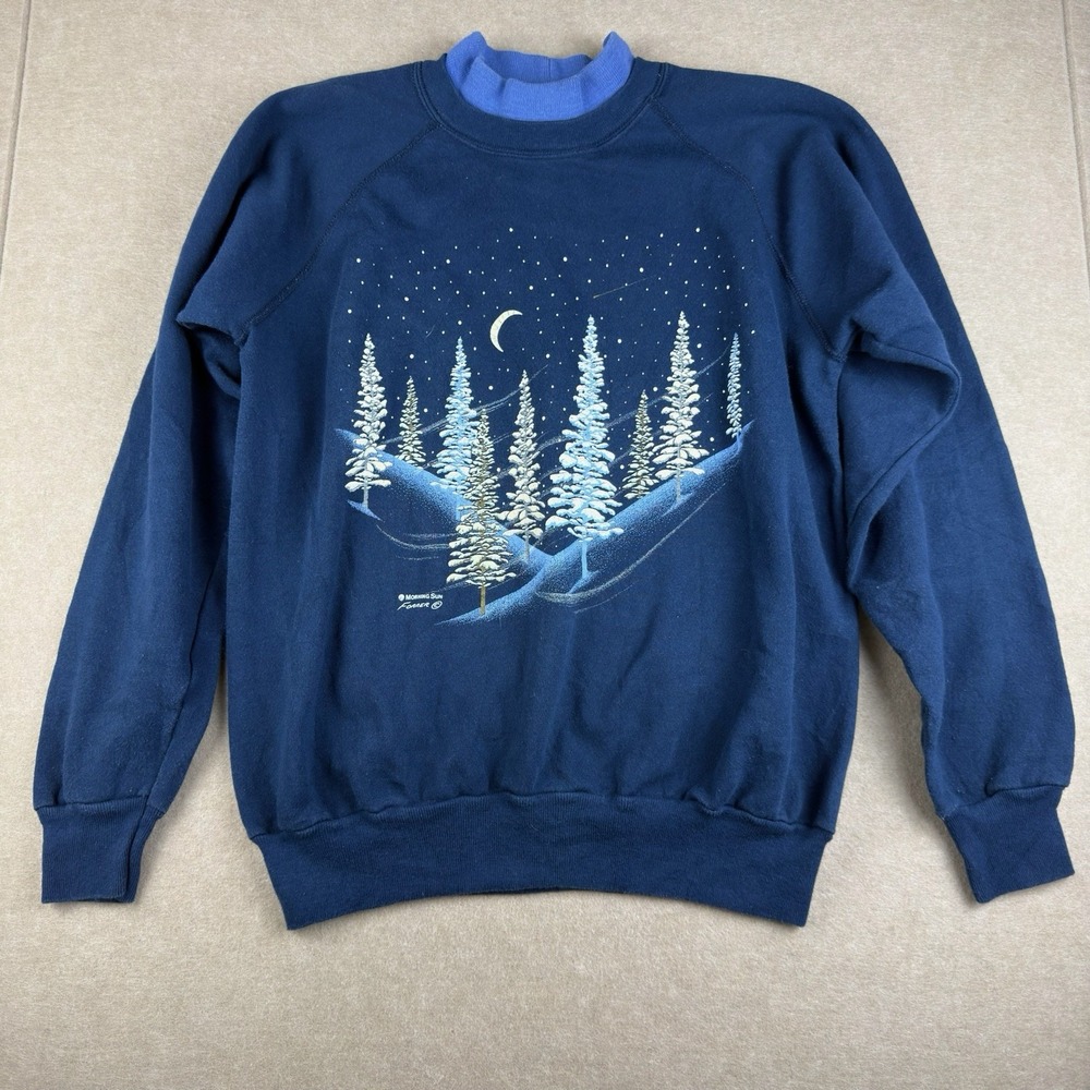 Vintage Morning Sun Sweatshirt Womens L‎ Blue Winter Trees Moon Made in USA